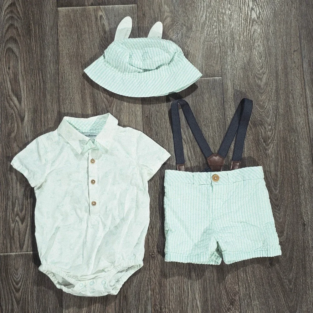 Tommy Bahama Baby Boy 12M‎ Seersucker Shorts Suspenders Hat Bunny Shirt Set 3pc